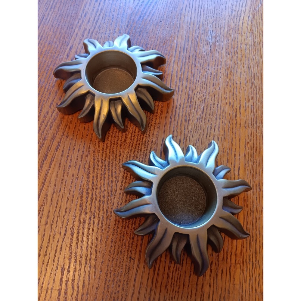 Pair of Brass Toned Sun Rays tea light votive candle holders (2)